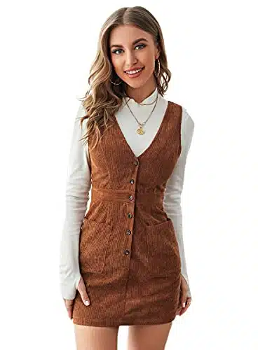 SheIn Women's V Neck Sleeveless Pocket Corduroy Button Pinafore Overall Mini Dress Brown Small