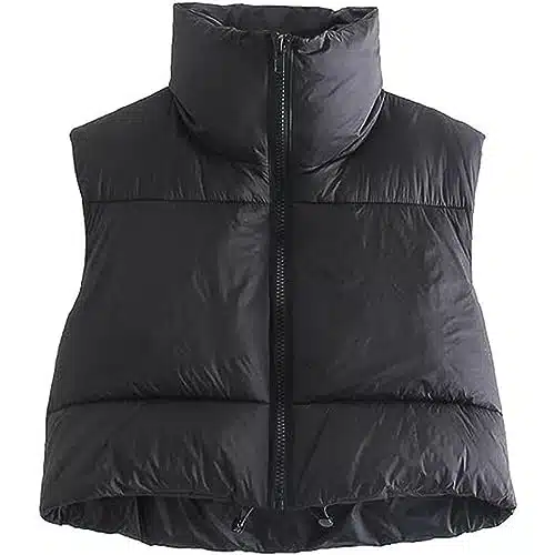Shiyifa Women's Fashion High Neck Zipper Cropped Puffer Vest Jacket Coat (Black, Medium)