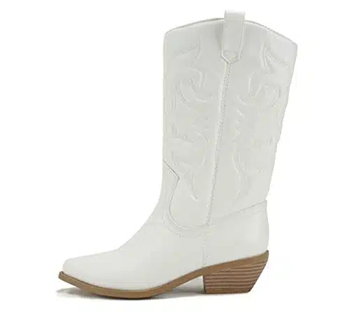 Soda Women Cowgirl Cowboy Western Stitched Boots Pointy Toe Knee High Reno S (, WhiteBeige PU, numeric__point_)