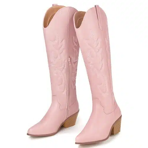 TINSTREE Knee High Boots,Chunky Heel Pull on Embroidered Cowgirl Cowboy Party Vintage Western Boots inter Leather Womens Knee High Boots Tall Boot Pinkcolor,