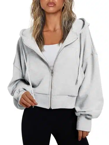 Trendy Queen Zip Up Hoodies Sweatshirts for Women Cropped Casual Hooded Pullover Jackets Tops YK Fall Fashion Outfits Winter Clothes Grey