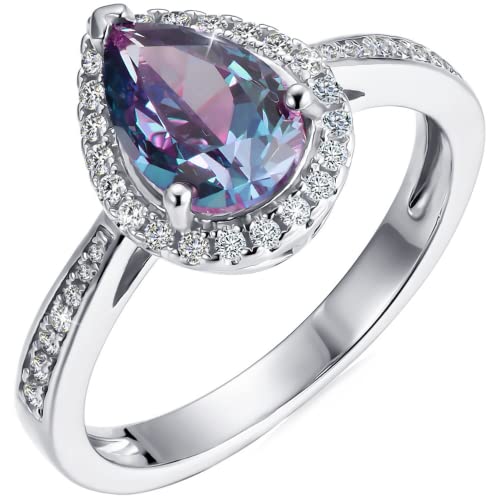 VEMAZA Color Change Alexandrite Ring Sterling Silver Halo Pear Shaped TearDrop Statement Engagement Rings For Women (La Beaute, )