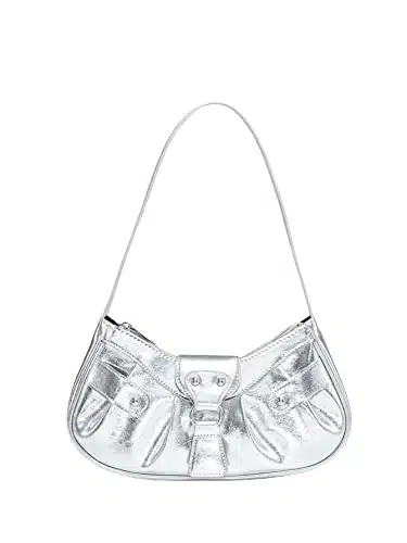 Verdusa Women's Pleated Hobo Shoulder Bag Metallic PU Leather Clutch Handbag Silver one size