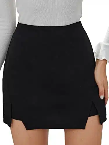 WDIRARA Women's High Waist Split Hem Skort Zip Back Plain Skirt Shorts Black M