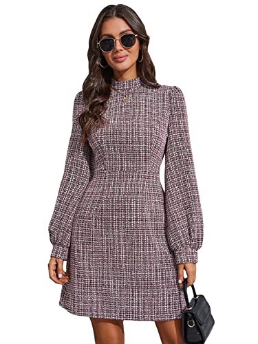 WDIRARA Women's Plaid Tweed Mock Neck Lantern Long Sleeve Dress Casual A Line Dresses Multicolor XL