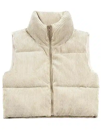 WUEAOA Women's Cropped Puffer Vest Sleeveless Warm Outerwear Vests Lightweight Corduroy Coat with Invisible Pockets