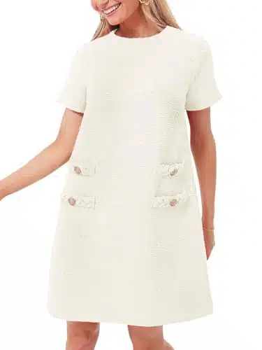 Wenrine Women's Tweed Mini Dress Short Sleeve Crew Neck Work Office Elagant Formal Summer A Line Dresses White