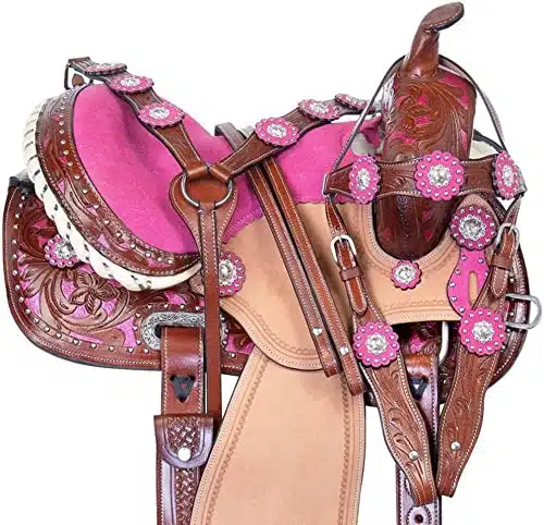 Western Saddle Barrel DD Leather Horse Riding Rope Ranch Racing Trail Full Handed Tooled Brown and Pink Suede Seat by PROHUB ()