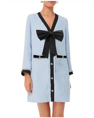 YEXPINE Womens Casual Long Sleeve Tweed Dress Pearl Button Mini Dresses Bow Tie Party Dress Blue