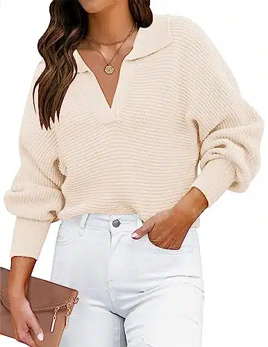ZESICA Women's Fall Lapel Collar V Neck Long Sleeve Ribbed Knit Comfy Loose Casual Pullover Sweater Jumper Top,Beige,Medium