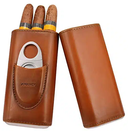 AMANCY Premium  Finger Brown Leather Cigar Case, Cedar Wood Lined Cigar Humidor with Silver Stainless Steel Cutter
