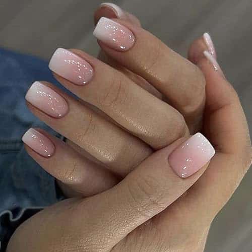 BAOYAALIN Pink White Gradient Press on Nails Short Square Ombre Fake Nails with Design Glue on Nails for Women Girls Acrylic False Nails Stick on Nails Press on Nail for Weddi