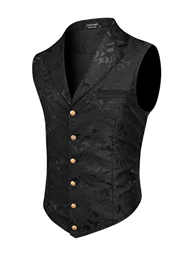 COOFANDY Black Suit Vest Men Paisley Floral Waistcoat Formal Tuxedo Suit Vests Gothic Steampunk Vest Black, X Large