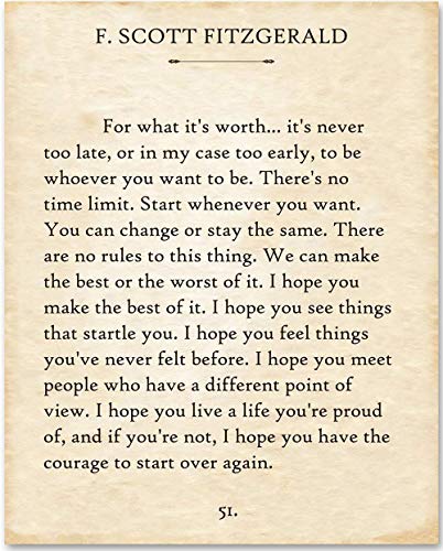 F Scott Fitzgerald Quotes Wall Art   For What It's Worth   F. Scott Fitzgerald Vintage Wall Art Decor   x  Library Decor, for Women and Men Office Decor, Book Pages   Great Ga