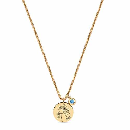 Fettero Birth Flower Necklace Gold Coin Stamp Poinsettia Pendant Birthstone Blue Topaz Month December K Gold Vacuum Plated Dainty M Twist Rope Chain Simple Personalized Jewelr