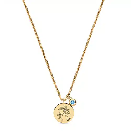Fettero Birth Flower Necklace Gold Coin Stamp Poinsettia Pendant Birthstone Blue Topaz Month December K Gold Vacuum Plated Dainty M Twist Rope Chain Simple Personalized Jewelr