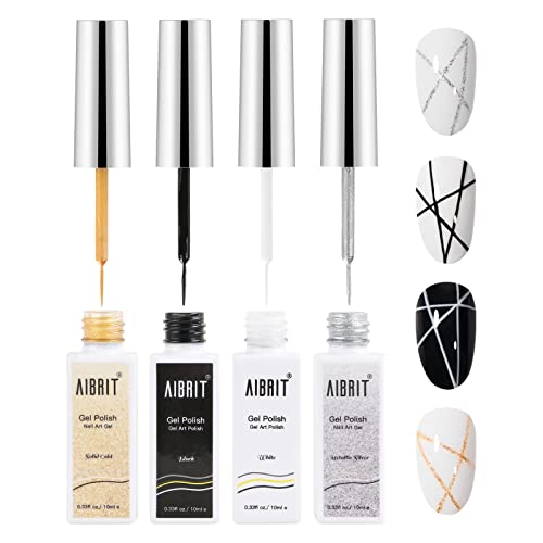 Gel Liner Art Polish Set ml, Colors Black White Gold Silver Design Paint with Thin Brush in Bottle for Swirl Euphoria French Tips Manicure Painting DIY at Home