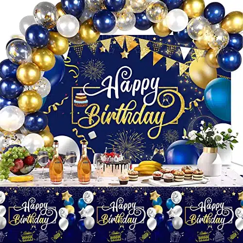 Gold Blue White Happy Birthday Extra Large Fabric Sign Poster Banner Backdrop Waterproof tablecloths Metallic Shiny Latex Balloons for Birthday Party Background Decoration