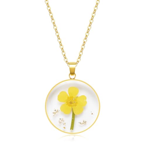 KBFORU Birth Flower Necklaces For Women   Daffodil December Month Flower Necklace   Handmade Pressed Flower Necklace   Unique Holiday Gift   Gold