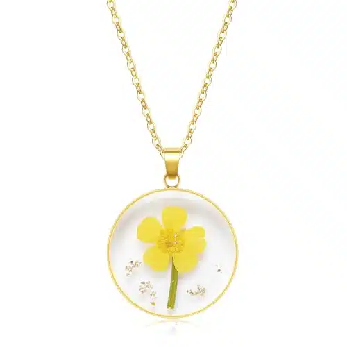KBFORU Birth Flower Necklaces For Women   Daffodil December Month Flower Necklace   Handmade Pressed Flower Necklace   Unique Holiday Gift   Gold