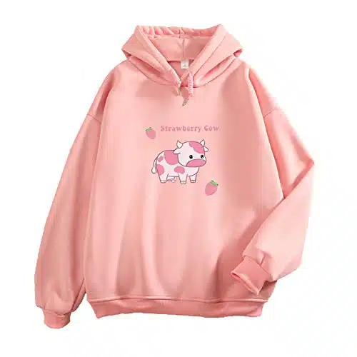 KEEVICI Pullover Sweatshirts for Women Cute Strawberry Cow Print Hoodie Casual Fuzzy Top (Pink,L=US S)