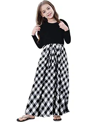 KYMIDY Little Big Girls Maxi Dress Kids Buffalo Plaid Long Sleeve Dresses for Girls with Pockets, Black and White,T