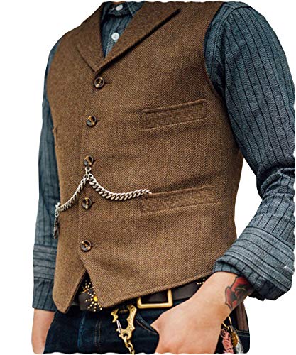 Mens Classic Wool Tweed Suit Vest Casual Sleeveless Jacket Herringbone Waistcoat for Tuxedos(Brown,X Large)