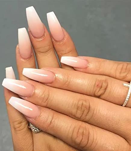 Morily Press on Nails   Pink Ombre Coffin Fake Nails Medium Length, French Tip Glossy False Stick on Fingernails for Women and Girls   Pcs in Sizes