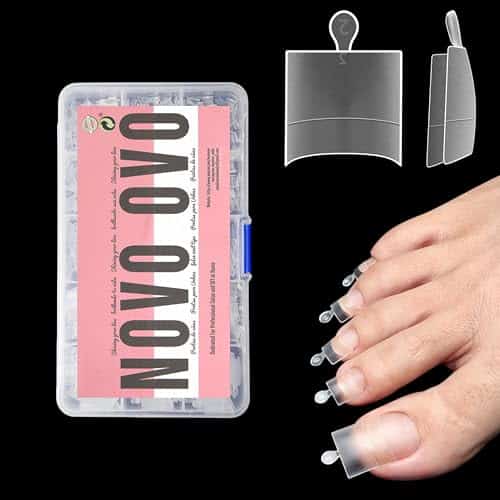 NOVO OVO Fake Toe Nail Tips, Soft Gel Toenail Extension, Half Cover Prefiled Square Clear Double Matte C Curve Longtoes Claw for Pedicure Acrylic Press on for Salon, Toenails 