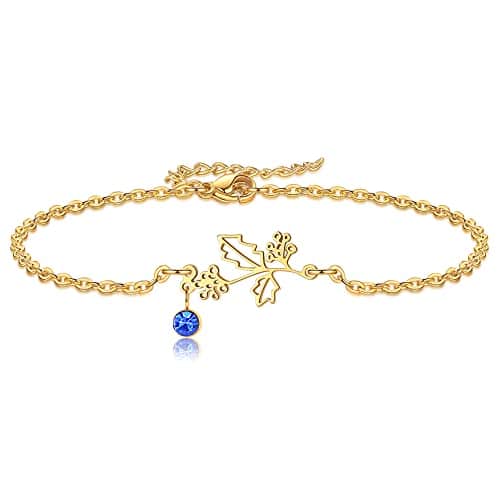 Nupdot December Birth Flower Bracelets, K Gold Plated Birth Month Holly Floral Birthstone Charm Bracelets Wildflower Jewelry Dec. Birthday Gifts for Women Girls
