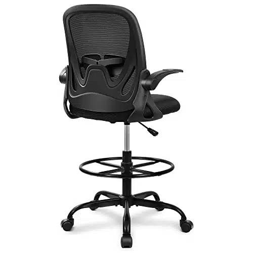 Primy Drafting Chair Tall Office Chair with Flip up Armrests Executive Ergonomic Computer Standing Desk Chair with Lumbar Support and Adjustable Footrest Ring (Black)