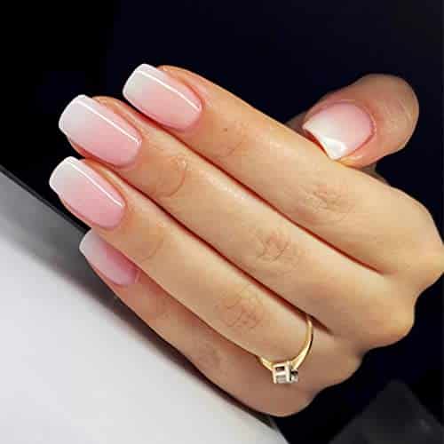 Qsnidy Ombre Glossy Press On Nails Medium Length Square Acrylic Fake Nails, French Full Cover False Nails for Women and Girls, Nails in Sizes