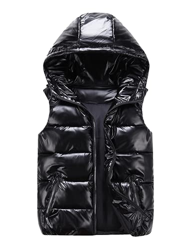 SeekMe Women's Hooded Shiny Insulated Puffer Vest Sleeveless Down Puffer Jacket (Black XL QB)