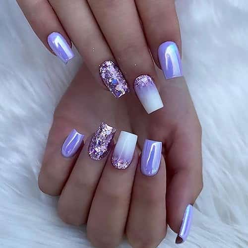 Silver Purple Press on Nails Square Medium Fake Nails With Aurora Designs Full Cover Glitter False Nails Acrylic Stick on Nails Reusable Artificial Nails for Women Glue on Nai