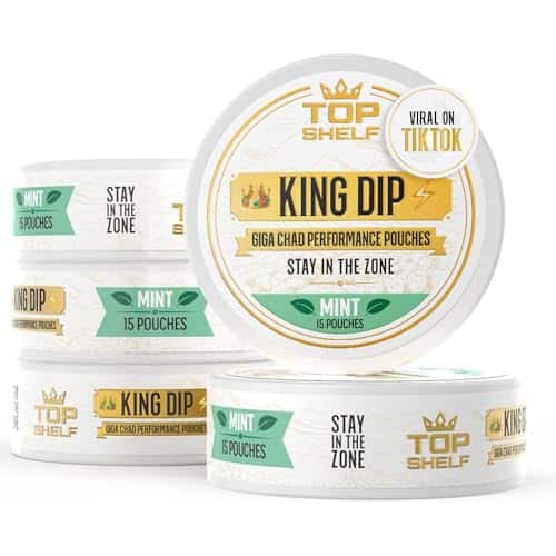 Top Shelf King Dip, Nootropic Energy Caffeine Pouches for Alpha Performance, Focus & Nitric Oxide Neuro Brain Supplement  Coffee Pouch Alternative, sv, (Pack)