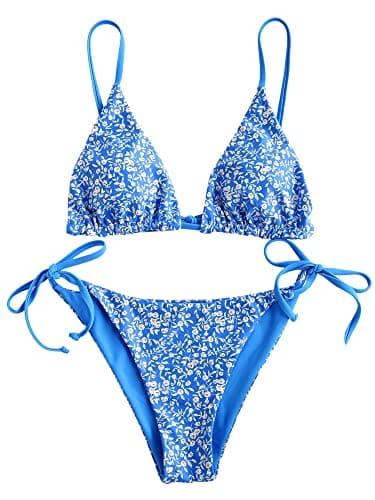 ZAFUL Women's Triangle Bikini Floral String Bikini Set Two Piece Swimsuit Bathing Suits (Ocean Blue, M)