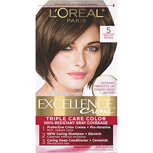 L'Oreal Paris Excellence Creme Permanent Triple Care Hair Color, edium Brown, Gray Coverage For Up to eeks, All Hair Types, Pack of