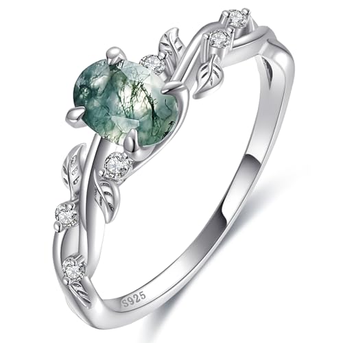 OLIVIASO Natural Moss Agate Rings Sterling Silver Engagement Ring Vine Leaf Moss Agate Wedding Rings Moss Agate Promise Ring for Her Valentine's Day Gift