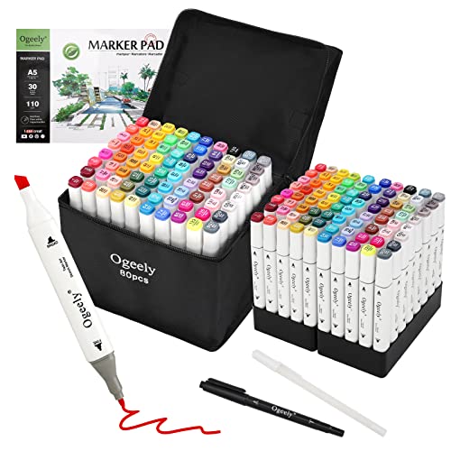 Ogeely Alcohol Markers, Color Dual Tip Art Markers for Kids Adults, Permanent Sketch Markers for Artists, with Organizing Case, Black Liner and Pad, for Illustration Designing