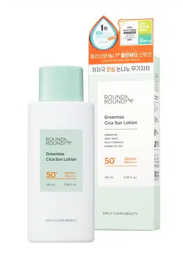 ROUND A'ROUND Green Tea Cica Sun Lotion SPF (oz, ml)  Reef Safe, Daily, UV Protection, No White Cast, Moisturizing, Soothing, Weightless Sunscreen