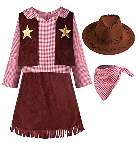 ReliBeauty Western Cowgirl Costume for Girls Funny Holiday Party Princess Dress Up Outfit for Kids Brown,