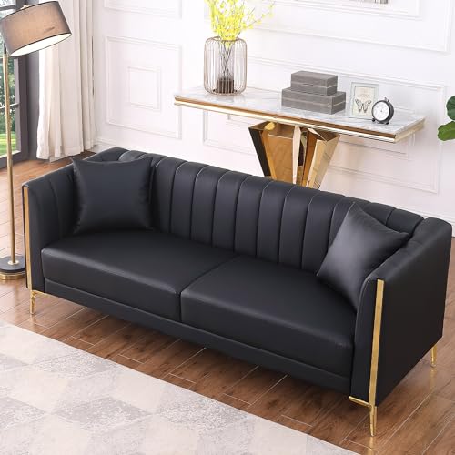 FOTOSOK '' Sofa, Black Sofas Couches for Living Room, Comfy Sofa Faux Leather Sofa Seater Sofa with Throw Pillows and Gold Metal Legs, Deep Seat Sofas for Living Room (Black)