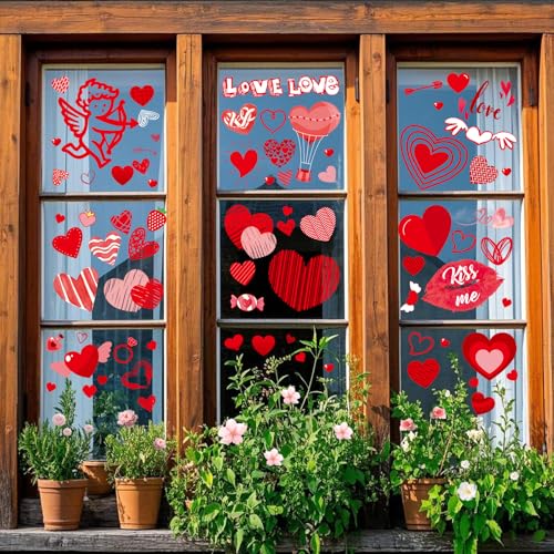 Valentines Day Window Clings Decor, Red Heart Stickers Decorations, Happy Valentine's Cupid Gifts for Home Office Kids Classroom, Pink Wedding Romantic Décor, Sheets